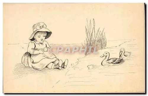 Ansichtskarte AK (dessin a la main) Enfant Canards