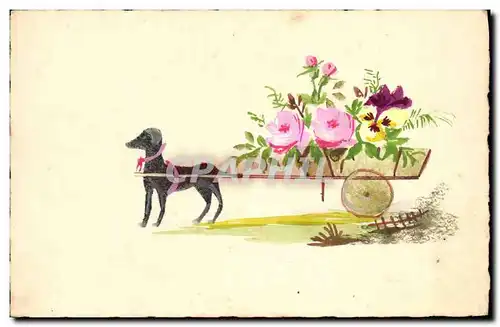 Ansichtskarte AK (dessin a la main) Fleurs Chien