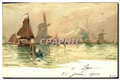 Cartes postales Fantaisie Illustrateur Dordrecht Bateaux Moulin a vent