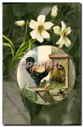 Cartes postales Coq Poule Fleurs