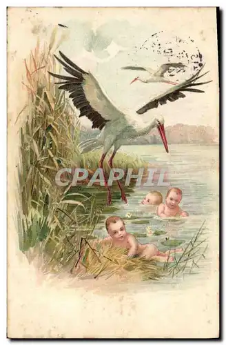 Cartes postales Fantaisie Enfants Bebes Cigogne