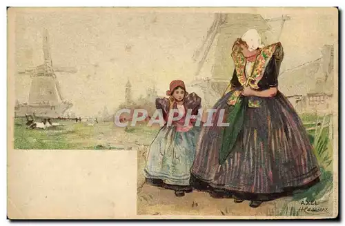 Cartes postales Fantaisie Illustrateur Femme Enfant Moulins a vent