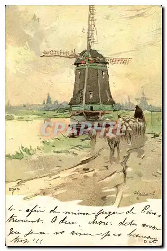 Cartes postales Fantaisie Illustrateur Moulin a vent Moutons