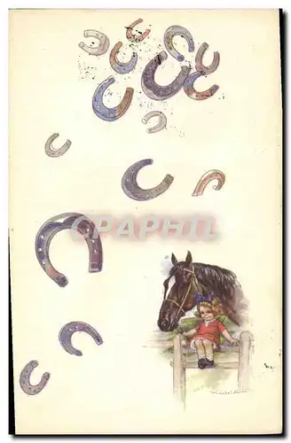 Cartes postales Fantaisie Illustrateur Enfant Cheval Fer a cheval