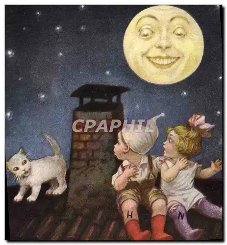 Cartes postales Fantaisie Lune Enfants Chat