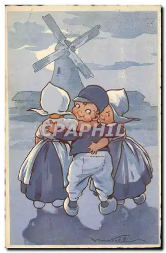 Cartes postales Fantaisie Illustrateur Enfants Moulin a vent