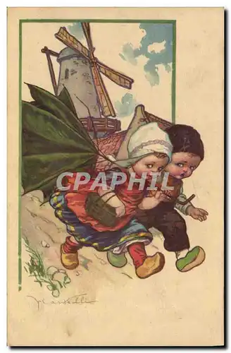 Cartes postales Fantaisie Illustrateur Enfants Moulin a vent