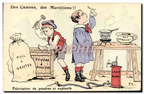 Cartes postales Fantaisie Illustrateur Des canons Des munitions Fabrication de poudres et explosifs