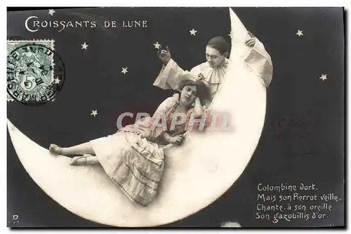 Ansichtskarte AK Fantaisie Lune Femme Croissants de lune Pierrot Colombine