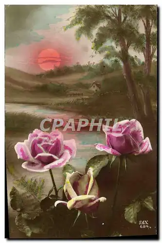 Cartes postales Fantaisie Lune Fleurs Roses