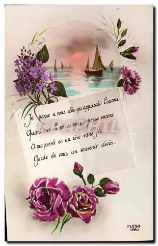 Cartes postales Fantaisie Lune Fleurs Bateau