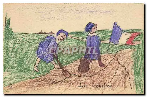 Cartes postales Fantaisie (dessin a la main) Enfants La tranchee Militaria