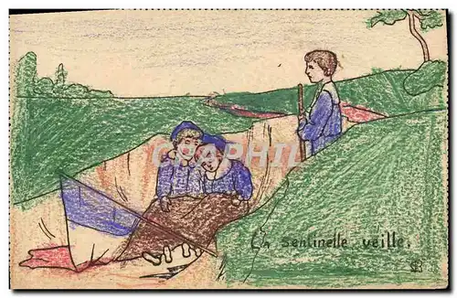 Cartes postales Fantaisie (dessin a la main) Enfants La sentinelle Veille