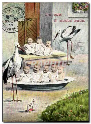 Cartes postales Fantaisie Enfant Bebe Bien sages ils attendent preneur Cigogne