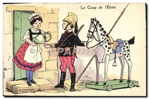 Ansichtskarte AK Fantaisie Illustrateur Le coup de l&#39etrier Cheval militaria