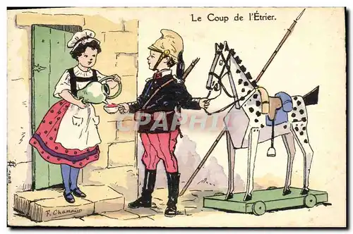 Cartes postales Fantaisie Illustrateur Le coup de l&#39etrier Cheval militaria