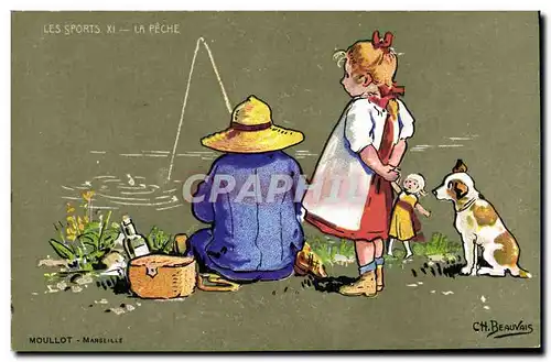 Cartes postales Peche Illustrateur Beauvais chien