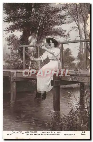 Cartes postales Peche Pecheur Salon 1913 Max Schott La peche a la ligne