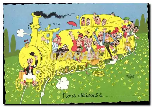 Ansichtskarte AK Fantaisie Illustrateur Nous arrivons Train