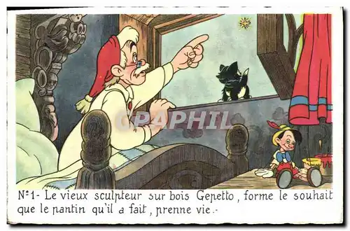 Cartes postales Fantaisie Illustrateur Walt Disney Gepetto Pinocchio
