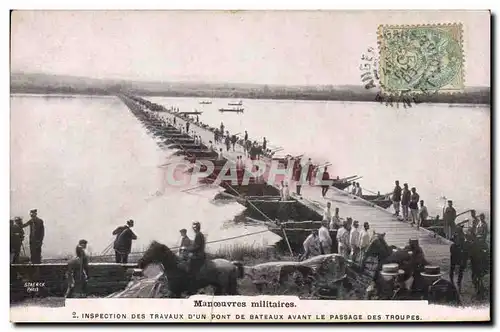 Ansichtskarte AK Militaria Manoeuvres Inspection des travaux d&#39un pont de bateaux avant le passage des troupes