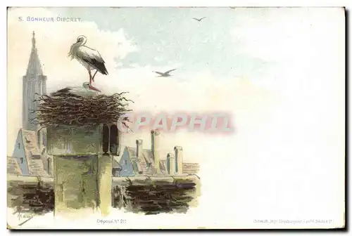 Cartes postales Folklore Alsace Bonheur discret Cigogne Strasbourg