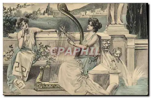 Cartes postales Fantaisie Illustrateur Femmes Harpe