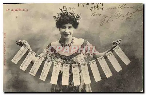 Cartes postales Fantaisie Femme 1er Janvier Calendrier