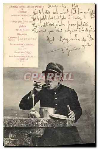 Ansichtskarte AK Fantaisie Grand Hotel de la Patrie Pitou Militaria Menu