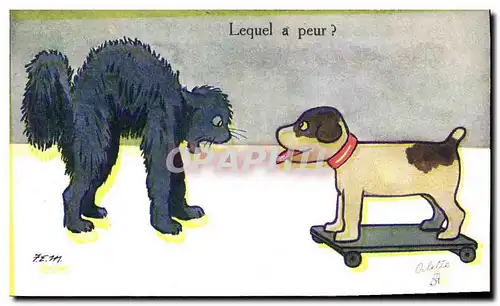 Ansichtskarte AK Chien Chients Chiot Lequel a peur ? Whot&#39s afraid Chat