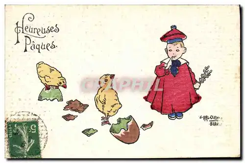 Cartes postales Fantaisie Illustrateur Enfant Poussins Paques