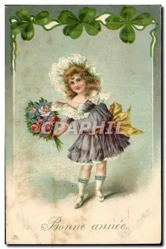 Cartes postales Fantaisie Fleurs Enfant Bonne annee Trefle