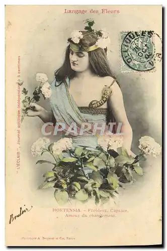 Ansichtskarte AK Fantaisie Femme Le langage des Fleurs Hortensia Froideur Caprice Amour du changement