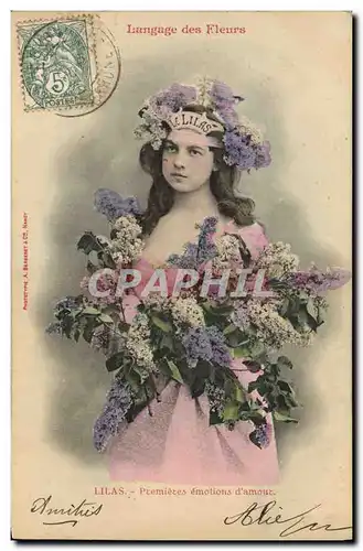 Cartes postales Fantaisie Femme Le langage des Fleurs Lilas Premieres emotions d&#39amour