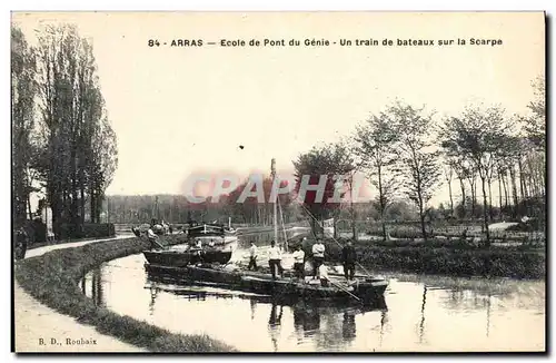 Cartes postales Militaria Arras Ecole de pont du Genie Un train de bateaux sur la Scarpe