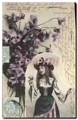 Cartes postales Fantaisie Femme Langage des fleurs Violette Modestie Merite cache