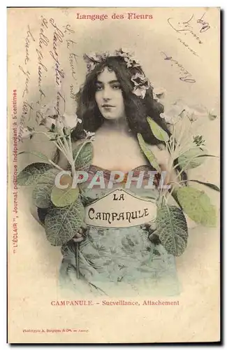 Cartes postales Fantaisie Femme Langage des fleurs Campanule Surveillance Attachement