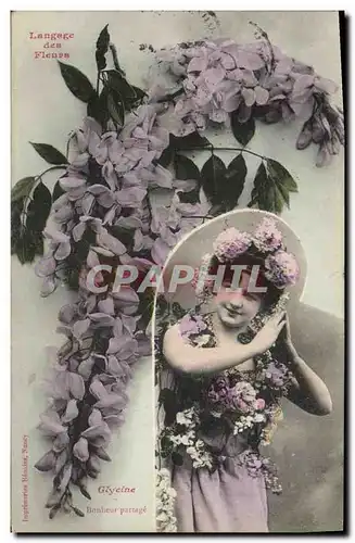 Cartes postales Fantaisie Femme Langage des fleurs Glycine Bonheur partage