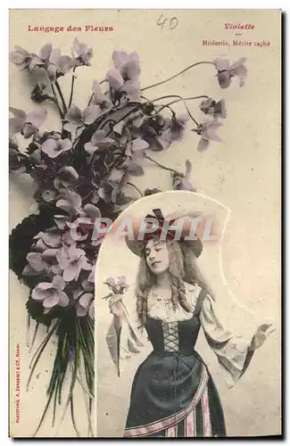 Cartes postales Fantaisie Femme Langage des fleurs Violette Modestie Merite cache