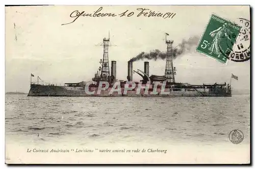 Cartes postales Bateau La cuirasse americain Louisiana navire amiral en rade de Cherbourg
