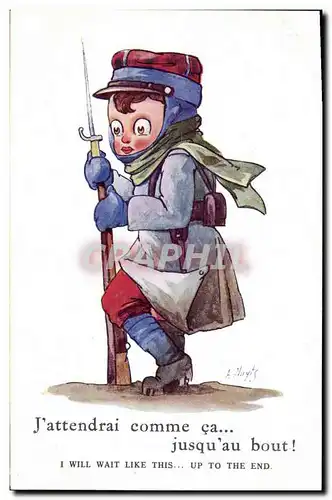 Cartes postales Fantaisie Illustrateur Enfant Militaria J&#39attendrai comme ca jusqu&#39au bout