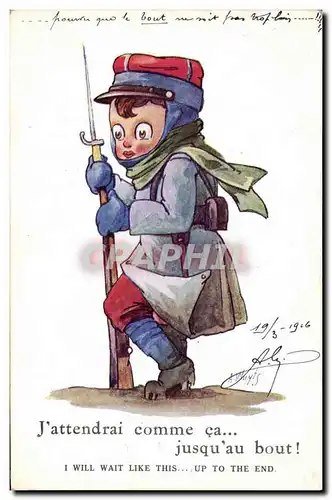 Cartes postales Fantaisie Illustrateur Enfant Militaria J&#39attendrai comme ca jusqu&#39au bout