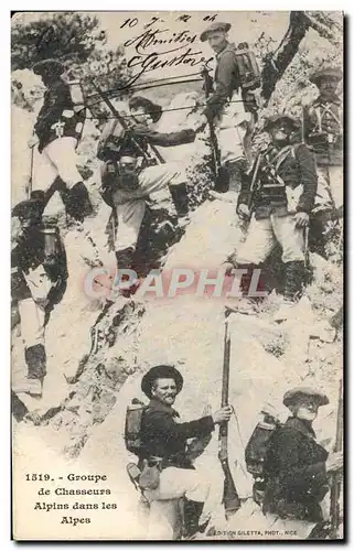 Cartes postales Militaria Groupe de Chasseurs alpins dans les Alpes