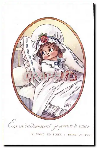 Cartes postales Fantaisie Illustrateur Enfants Enfant En m&#39endormant je pense a vous