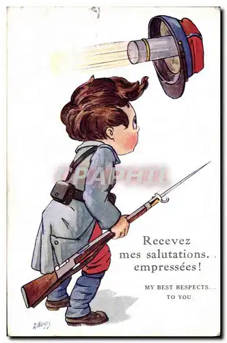 Ansichtskarte AK Fantaisie Illustrateur Enfants Recevez mes saluations empressees Militaria