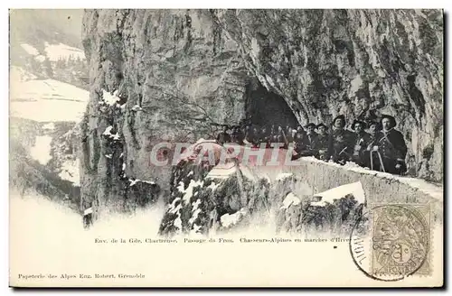 Cartes postales Militaria Chasseurs Alpins en marches d&#39hiver Env de la Grande Chartreuse Passage du Fron