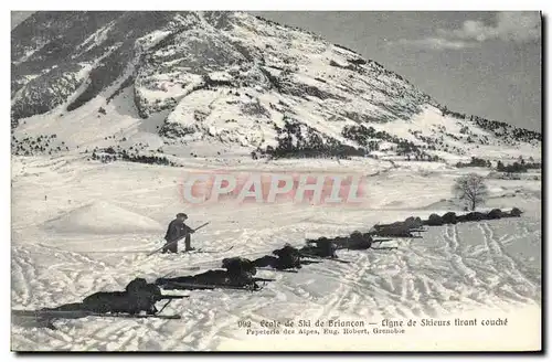 Cartes postales Militaria Chasseurs Alpins Ecole de ski de Briancon Ligne de skieurs tirant couche