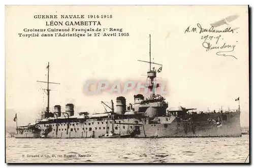Cartes postales Bateau Leon Gambetta Croiseur Cuirasse Francais de 1er rang Torpille dans l&#39Adriatique