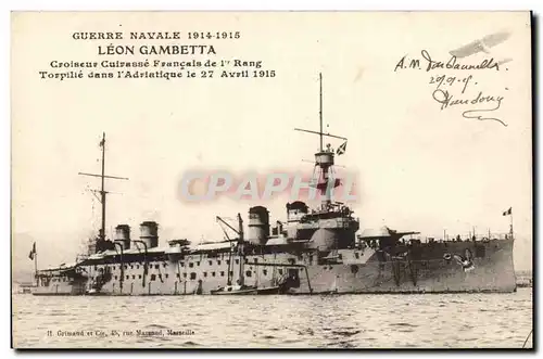 Cartes postales Bateau Leon Gambetta Croiseur Cuirasse Francais de 1er rang Torpille dans l'Adriatique
