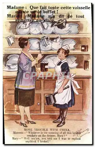 Cartes postales Fantaisie Illustrateur Femme Madame Que fait toute cette vaiselle cassee sur le buffet China